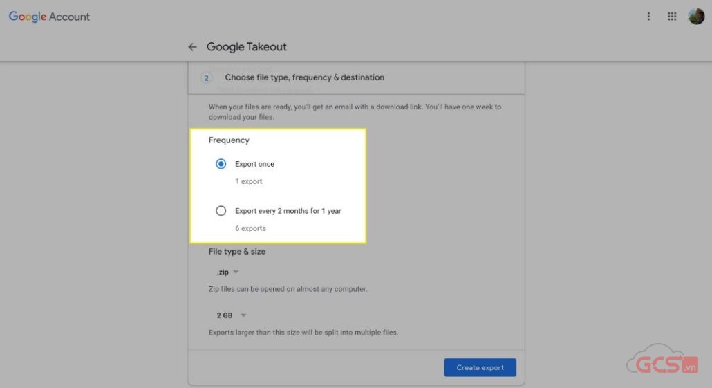 chọn tần suất google takeout