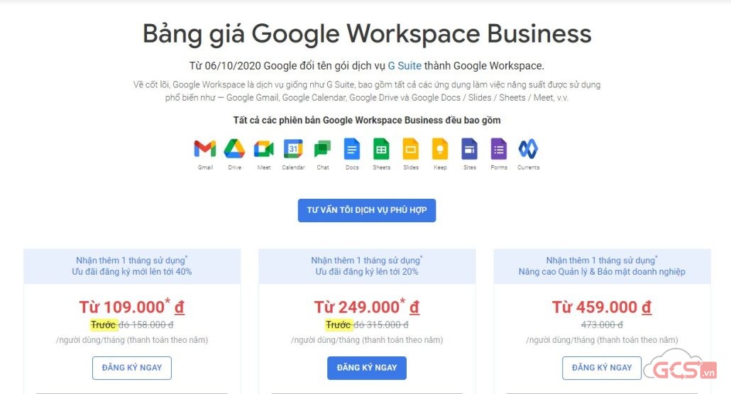 bảng giá google workspace tại gcs