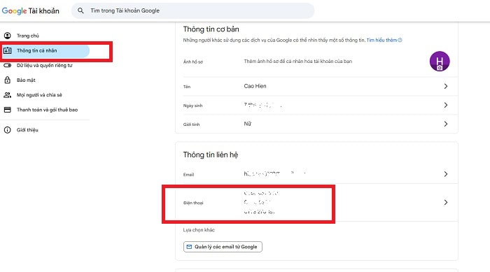 Hướng dẫn chi tiết cách đổi số điện thoại trên Gmail ở mọi thiết bị 7 Thông tin cá nhân