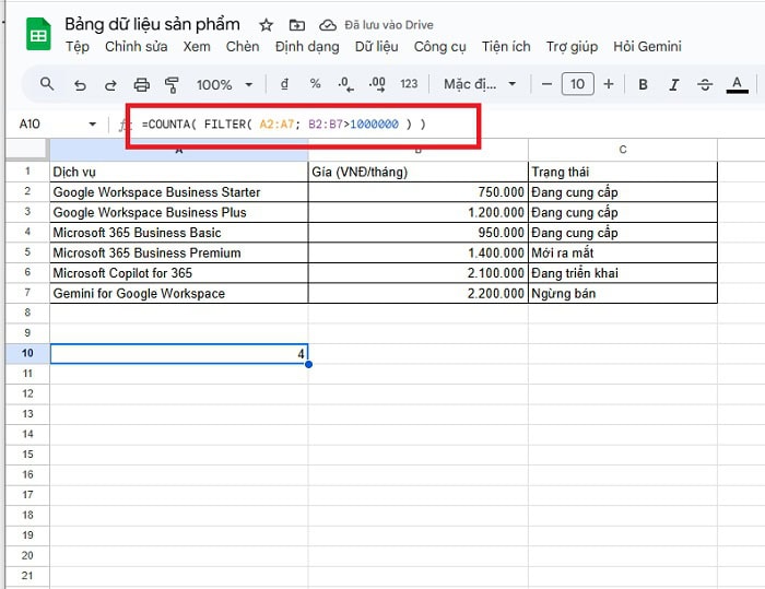 Cách kết hợp hàm COUNT với FILTER trong Google Sheets hiệu quả 16 Đếm số lượng sản phẩm