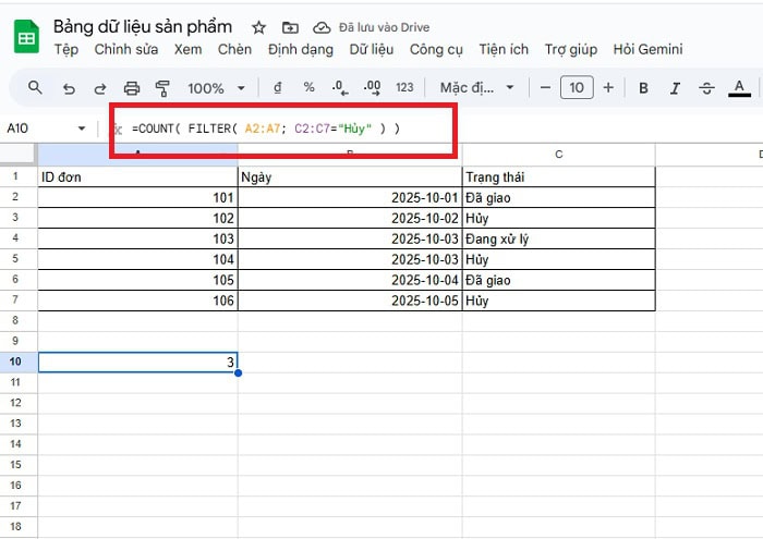 Cách kết hợp hàm COUNT với FILTER trong Google Sheets hiệu quả 14 Đếm số đơn hàng