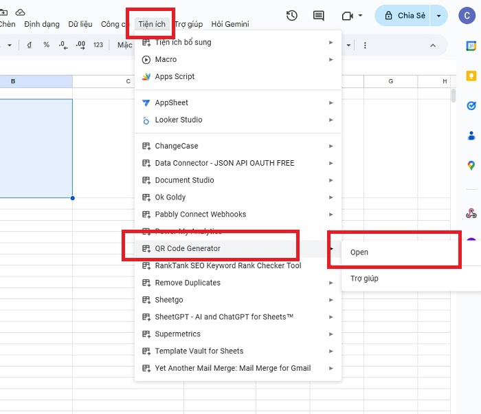 02 Cách tạo mã QR bằng Google Sheets đơn giản và hiệu quả 11 chọn Tiện ích