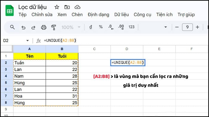 Hướng dẫn chi tiết cách sử dụng hàm UNIQUE trong Google Sheets từ A-Z 5 Hàm UNIQUE trong Google Sheets