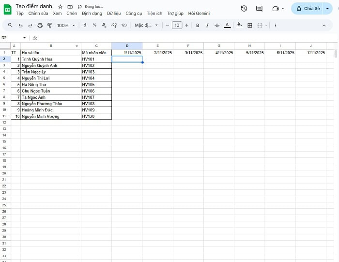 Bật mí 02 cách tạo bảng điểm danh trên Google Sheets đơn giản 10 Tạo chuỗi ngày tháng tự động
