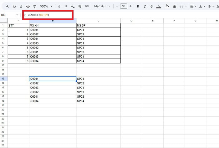 Hướng dẫn chi tiết cách sử dụng hàm UNIQUE trong Google Sheets từ A-Z 11 Dùng hàm UNIQUE để lọc dữ liệu