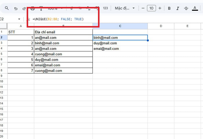 Hướng dẫn chi tiết cách sử dụng hàm UNIQUE trong Google Sheets từ A-Z 9 Dùng hàm UNIQUE để tìm giá trị duy nhất