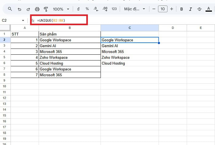 Hướng dẫn chi tiết cách sử dụng hàm UNIQUE trong Google Sheets từ A-Z 7 Dùng hàm UNIQUE để lấy giá trị