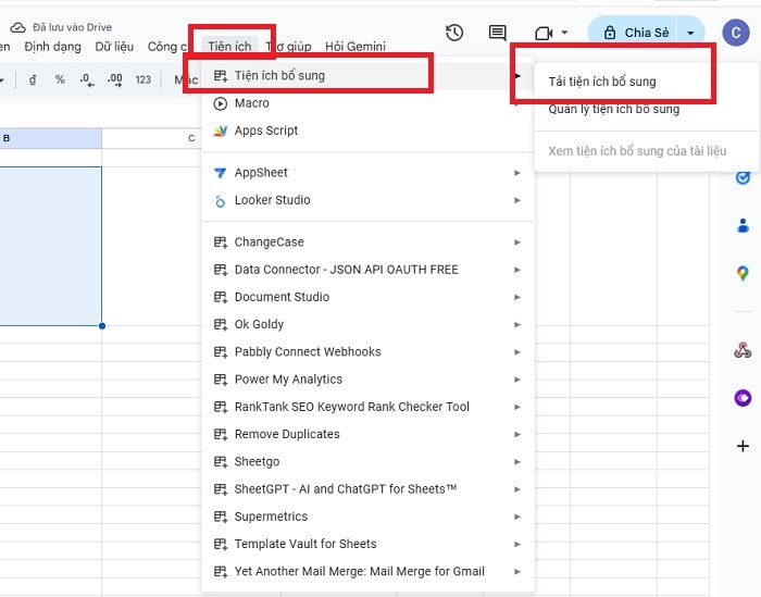 02 Cách tạo mã QR bằng Google Sheets đơn giản và hiệu quả 9 chọn Tiện ích bổ sung