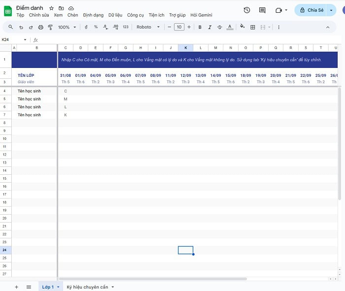 Bật mí 02 cách tạo bảng điểm danh trên Google Sheets đơn giản 8 Tùy chọn các thông tin cơ bản