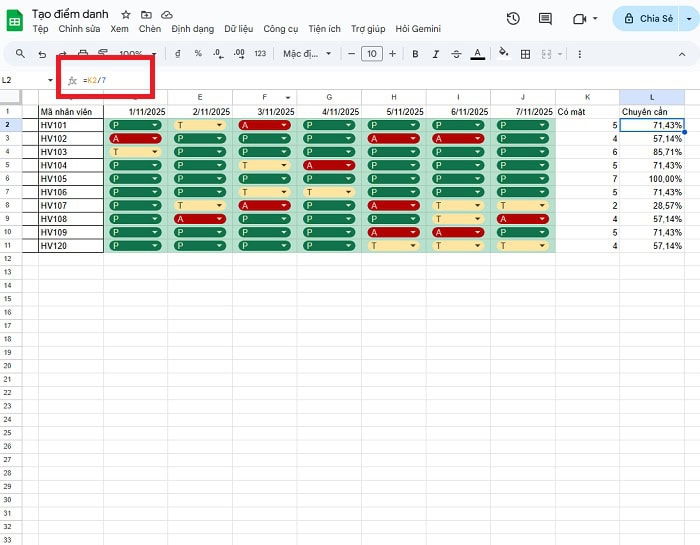 Bật mí 02 cách tạo bảng điểm danh trên Google Sheets đơn giản 20 Công thức tính tỷ lệ chuyên cần