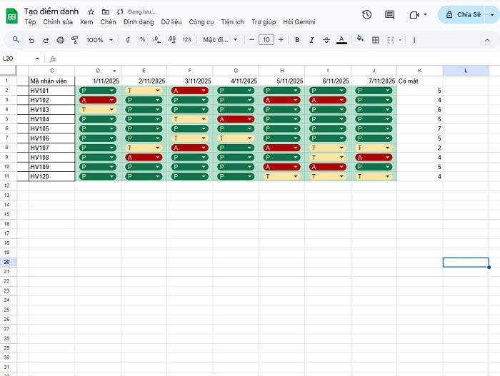 Bật mí 02 cách tạo bảng điểm danh trên Google Sheets đơn giản 19 tổng số buổi học trong tuần