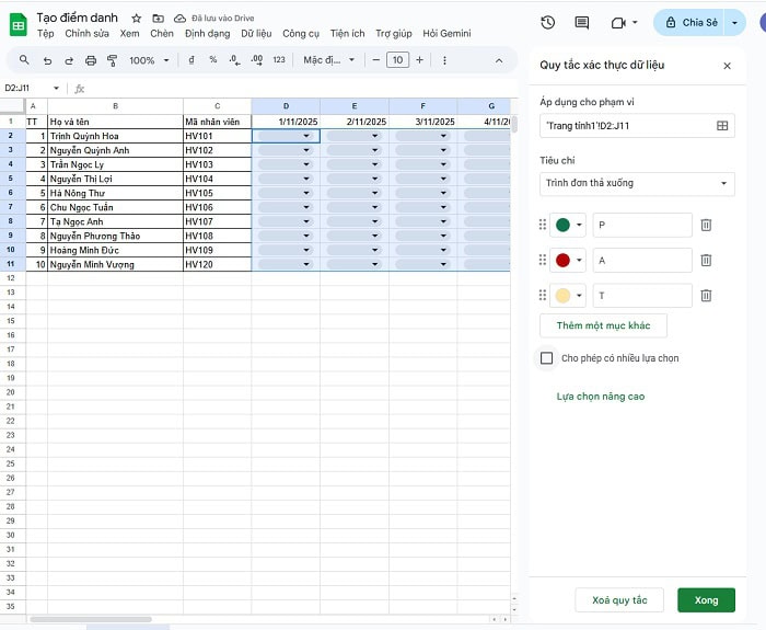 Bật mí 02 cách tạo bảng điểm danh trên Google Sheets đơn giản 12 Áp dụng Định dạng có Điều kiện