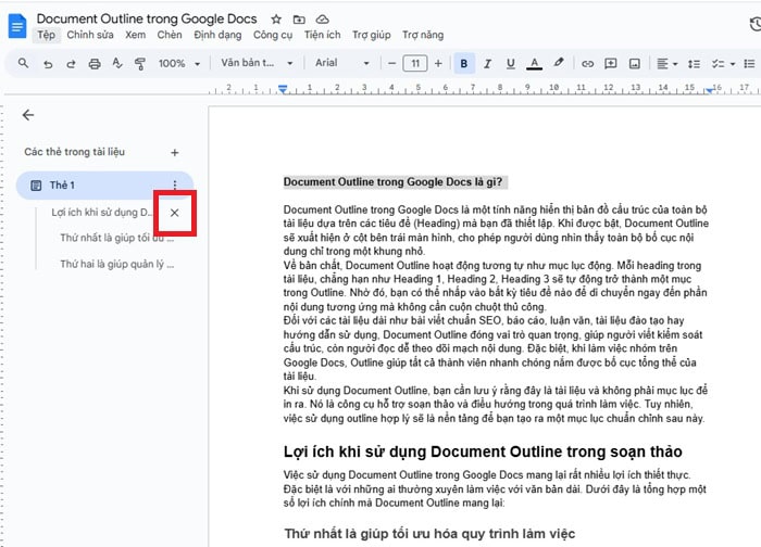 Document Outline trong Google Docs| Hướng dẫn sử dụng từ A-Z 16 Xóa từ bảng Outline