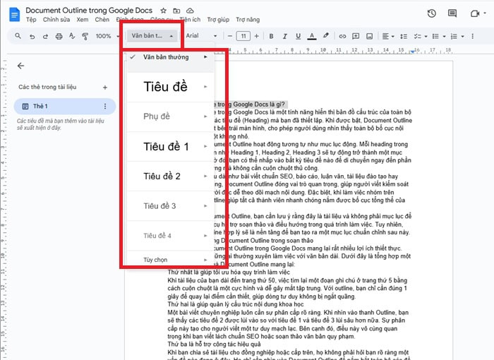 Document Outline trong Google Docs| Hướng dẫn sử dụng từ A-Z 12 chọn một cấp độ tiêu đề