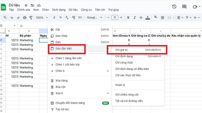 Cách sửa lỗi định dạng ngày tháng trong Google Sheets đơn giản 13 chọn Chỉ dán giá trị