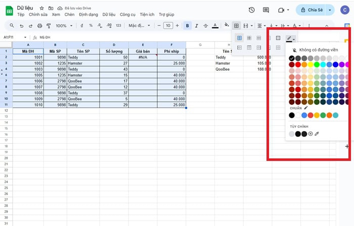 Hướng dẫn cách tạo màu viền ô trong Google Sheets từ A-Z 8 Tùy chỉnh để nhập mã