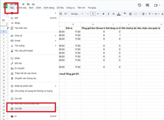 Cách sửa lỗi định dạng ngày tháng trong Google Sheets đơn giản 7 chọn Cài đặt (Settings).