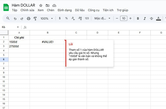 Hàm DOLLAR trong Google Sheets| Hướng dẫn sử dụng từ A-Z 17 Lỗi #VALUE! xuất hiện