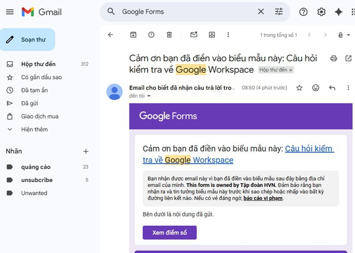 Hướng dẫn cách xem lịch sử Google Form đã điền chi tiết từ A-Z 9 email xác nhận