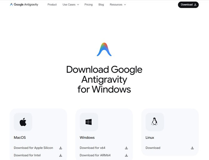 Truy cập trang tải Google Antigravity