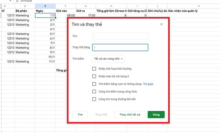 Cách sửa lỗi định dạng ngày tháng trong Google Sheets đơn giản 12 Thay thế tất cả