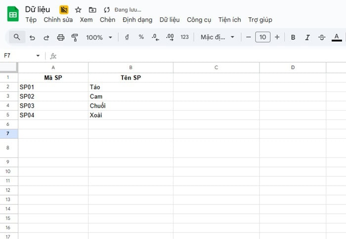 Cách kết hợp hàm INDEX và hàm COUNTIF trong Google Sheets 12 Danh sách sản phẩm