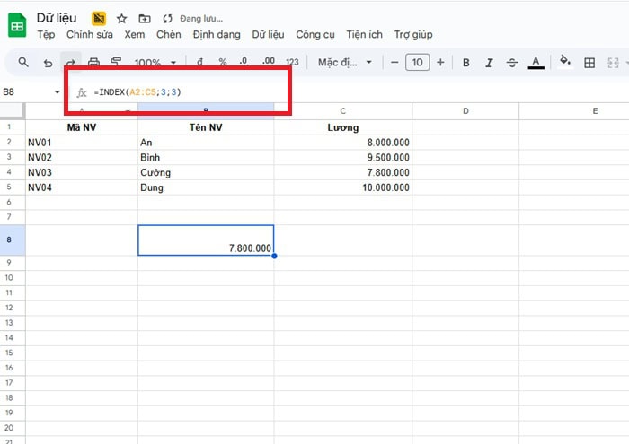 Cách kết hợp hàm INDEX và hàm COUNTIF trong Google Sheets 7 dùng INDEX qua ví dụ