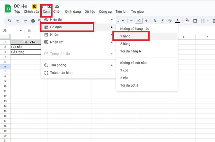 Cách tạo bảng so sánh bằng Google Sheets đơn giản, nhanh chóng 10 chọn Cố định 1 hàng