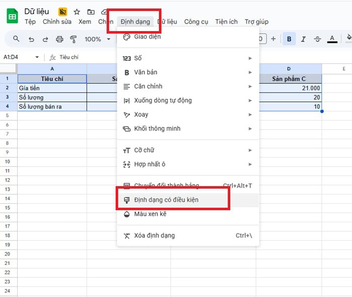 Cách tạo bảng so sánh bằng Google Sheets đơn giản, nhanh chóng 14 chọn Conditional Formatting