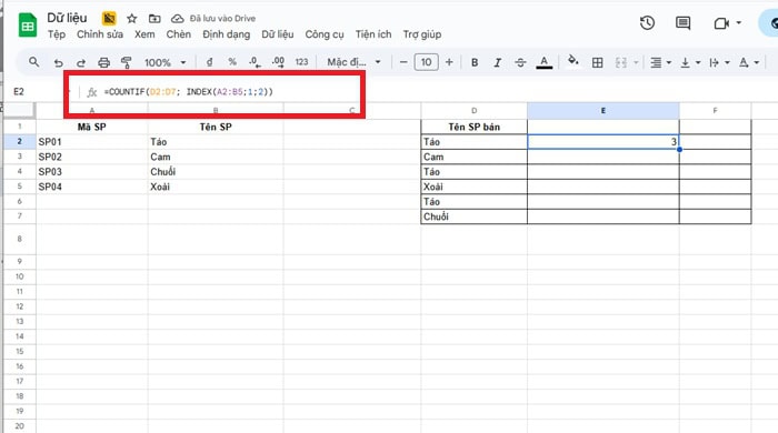 Cách kết hợp hàm INDEX và hàm COUNTIF trong Google Sheets 14 Đếm giá trị dựa trên vị trí