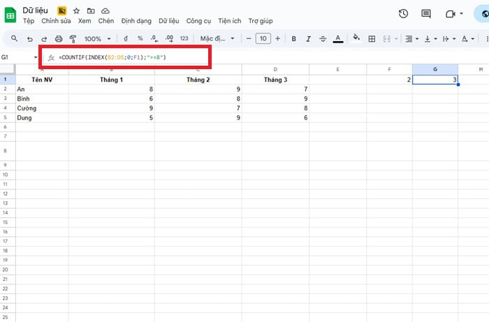 Cách kết hợp hàm INDEX và hàm COUNTIF trong Google Sheets 16 Sử dụng INDEX để đếm