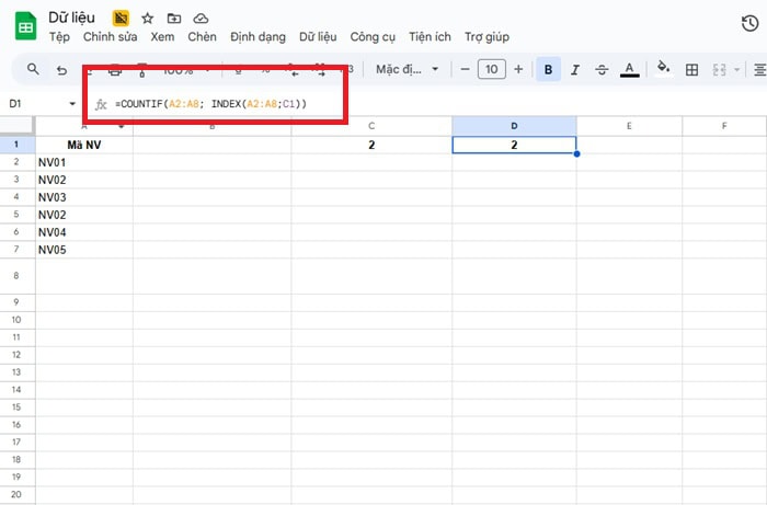 Cách kết hợp hàm INDEX và hàm COUNTIF trong Google Sheets 18 Kiểm tra tính duy nhất