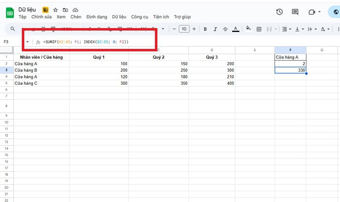 Cách kết hợp hàm INDEX và hàm SUMIF trong Google Sheets 12 hàm INDEX và hàm SUMIF