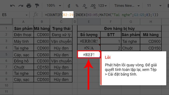 Cách kết hợp hàm INDEX và hàm COUNTIF trong Google Sheets 20 Lỗi #REF