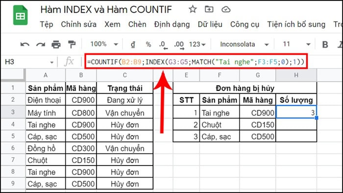 Cách kết hợp hàm INDEX và hàm COUNTIF trong Google Sheets 11 kết hợp hàm INDEX và hàm COUNTIF