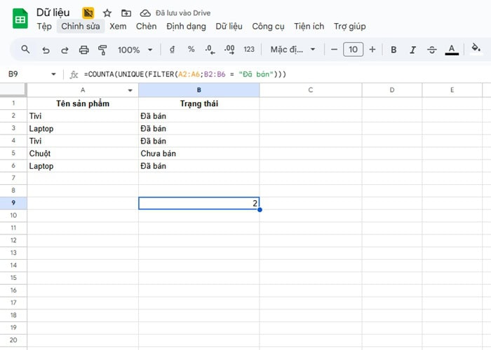 Cách kết hợp hàm FILTER với hàm COUNTA trong Google Sheets nhanh 19 Đếm giá trị duy nhất sau khi lọc