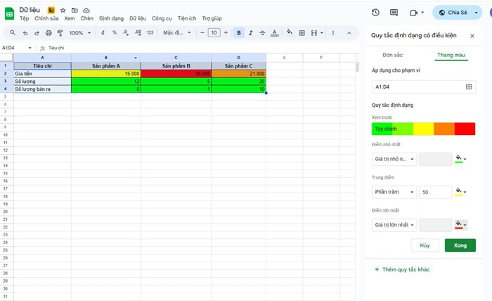 Cách tạo bảng so sánh bằng Google Sheets đơn giản, nhanh chóng 15 loại quy tắc