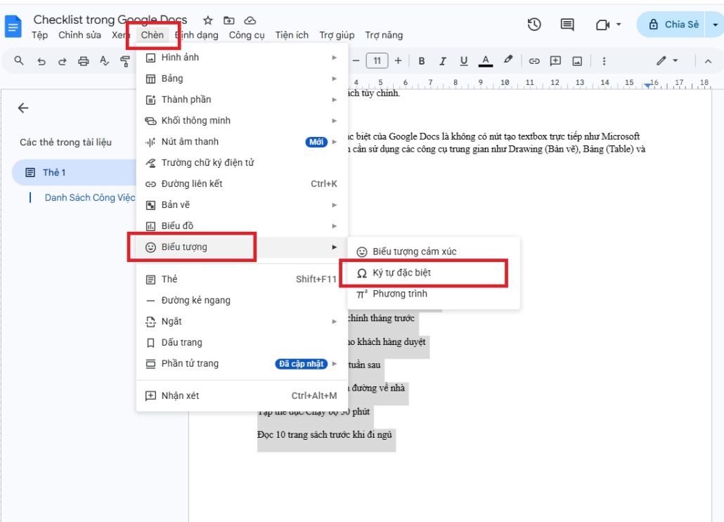 Hướng dẫn toàn diện cách tạo Checklist trong Google Docs chi tiết từ A-Z 11 Chọn Ký tự đặc biệt