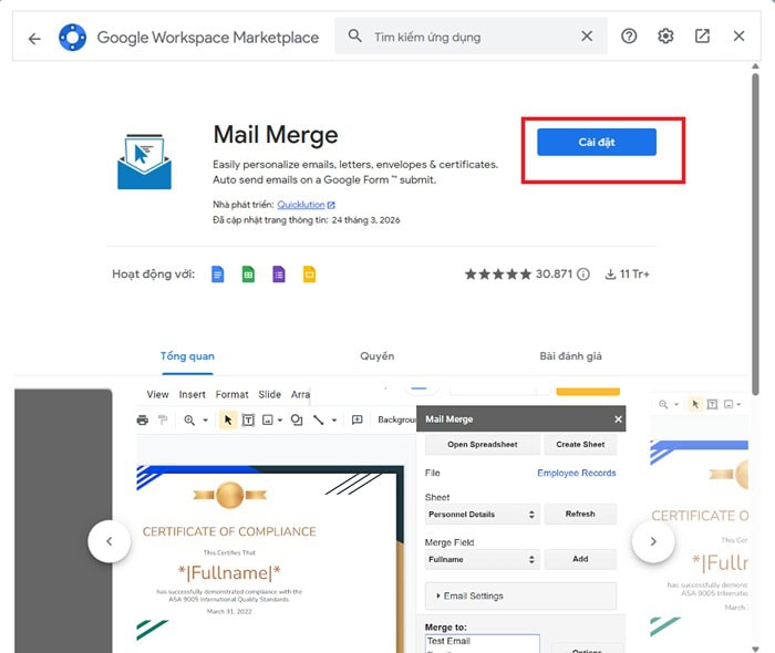 Mail Merge trong Google Docs: Hướng dẫn từ cơ bản đến nâng cao 8 nhấn nút Cài đặt