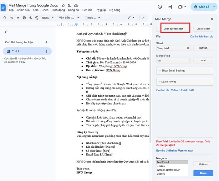 Mail Merge trong Google Docs: Hướng dẫn từ cơ bản đến nâng cao 12 bảng điều khiển mail merge