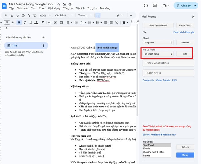 Mail Merge trong Google Docs: Hướng dẫn từ cơ bản đến nâng cao 15 danh sách merge field