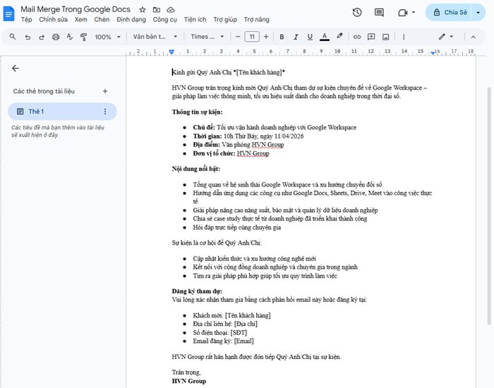 Mail Merge trong Google Docs: Hướng dẫn từ cơ bản đến nâng cao 10 Thiết lập mẫu tài liệu