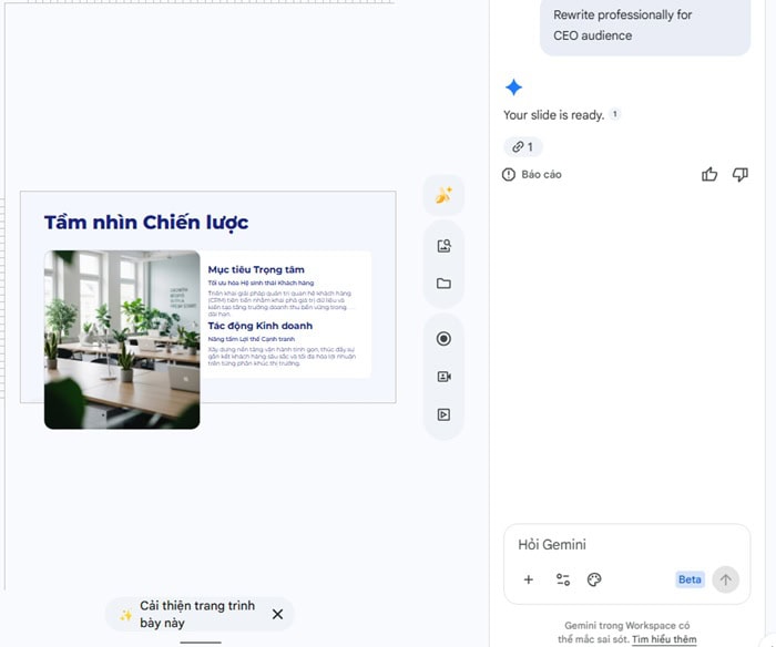 Gemini trong Google Slides: Điều kiện kích hoạt, tính năng và cách dùng 11 Soạn thảo nội dung