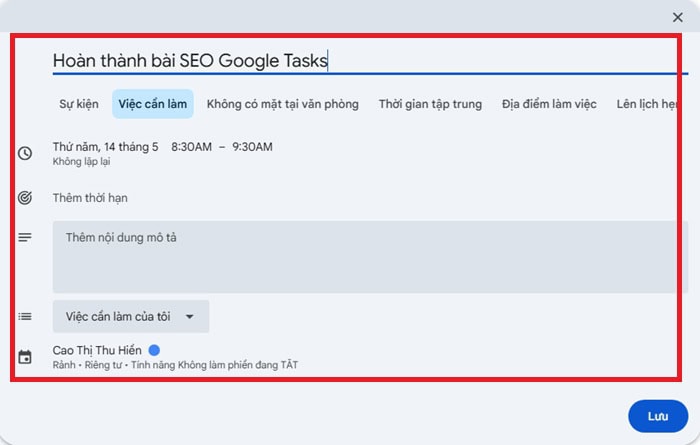 Google Tasks là gì? Tìm hiểu về vai trò, tính năng, ưu nhược điểm và cách dùng 21 Nhập tên công việc