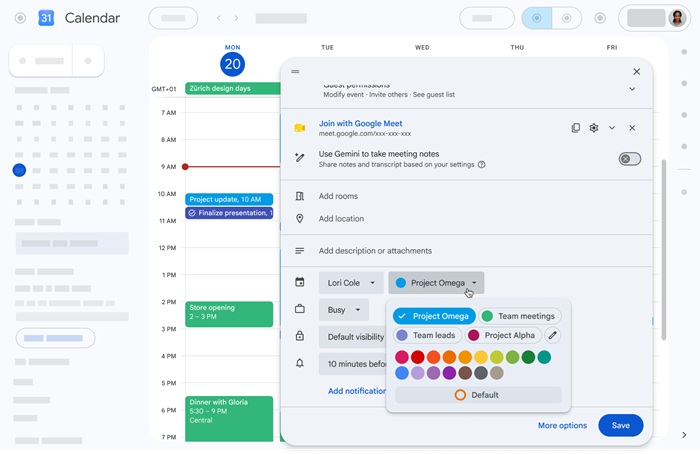 Cập nhật tính năng mới của Google Workspace trong tuần 15/06 - 20/06/2026 8 tùy chỉnh màu sắc sự kiện