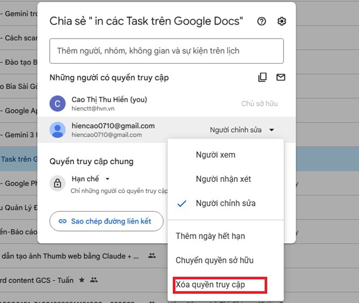 05+ Cách bảo mật Google Drive trên cả máy tính và điện thoại an toàn 12 Xóa quyền truy cập