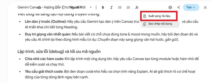 Gemini Canvas là gì? Tổng quan, tính năng, lợi ích, cách sử dụng và lưu ý 11 Xuất tài liệu sang Google Docs