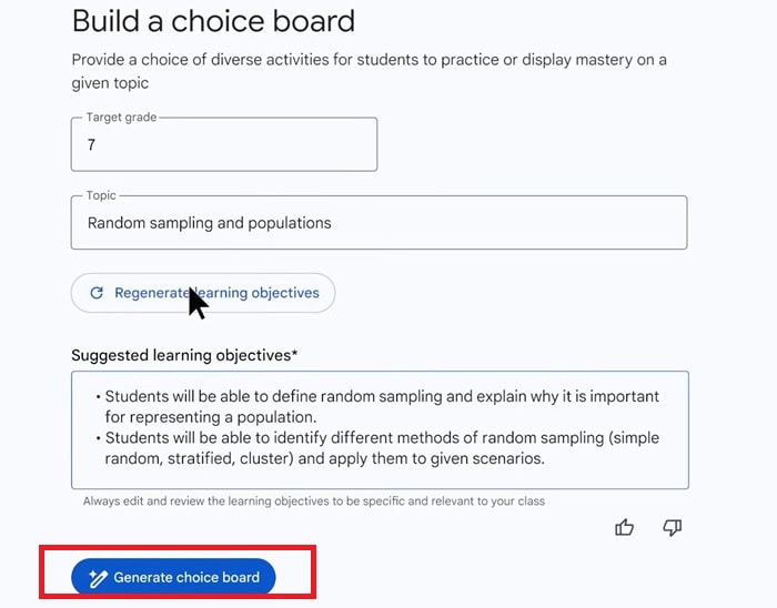 Gemini trong Google Classroom| Tổng quan, lợi ích, tính năng và cách dùng 18 Generate choice board