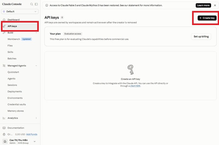 Google Sheets Claude là gì? Tổng quan, tính năng, cách dùng, lỗi dùng lưu ý 8 Lấy API Key từ Anthropic