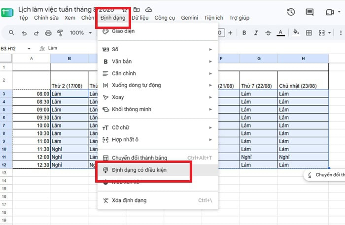 Khám phá mẫu lịch làm việc tuần trên Google Sheets & cách tự tạo cơ bản 19 chọn Conditional Formatting
